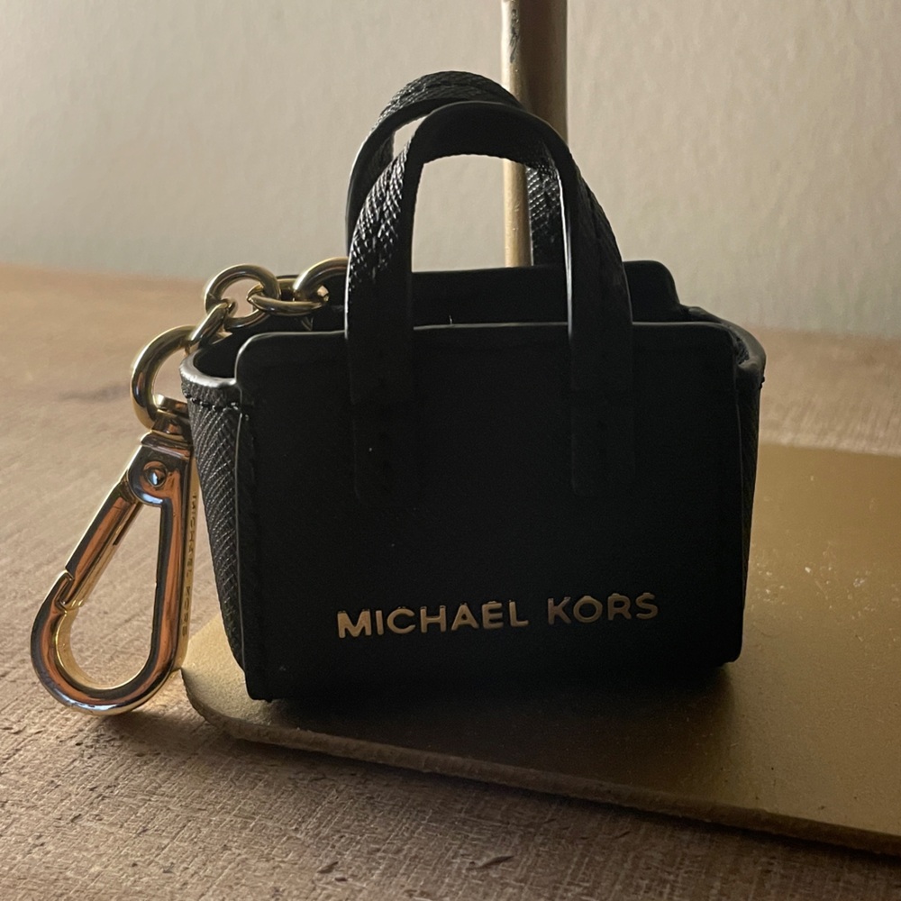 Michael Kors Black Mini Tote Keychain Card Holder with Gold Hardware